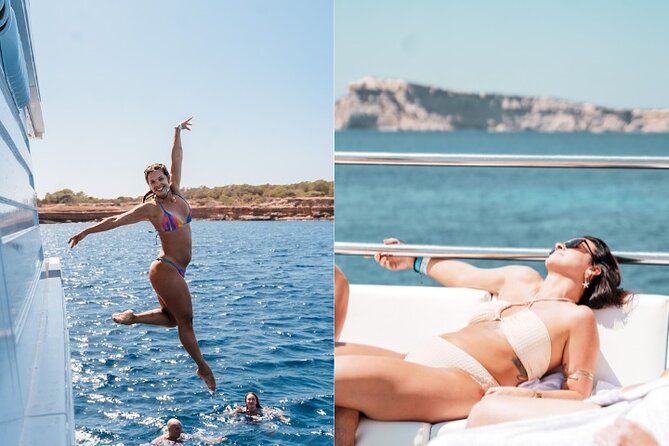 5 Hour Adults Ibiza Boat Trip + lunch, 6 drinks, SUP Boards & DJ - The Route: Cala Bassa Caves, Two Bay Stops, then Cala Conta and Cala Tarida