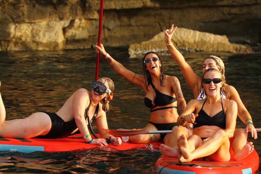 Ibiza: Sunset Boat Tour with Water Sports, Open Bar & Tapas - Water bikes, stand-up paddle, snorkeling: the active part